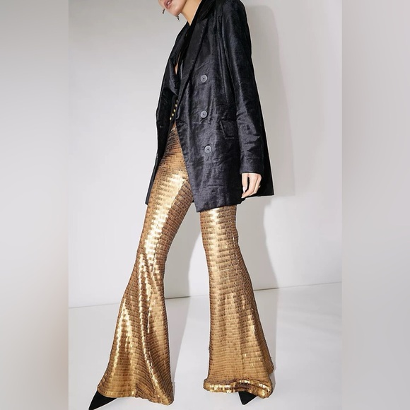 Free People Gold Sequin Flare Pants - Picture 1 of 6